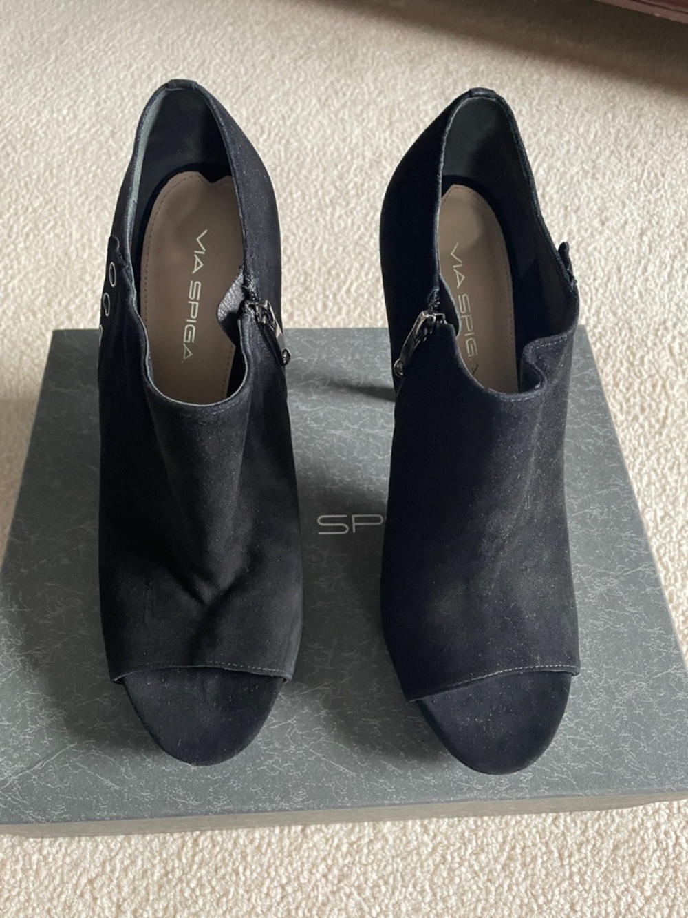 Via Spiga Black Suede Open-Toe Booties